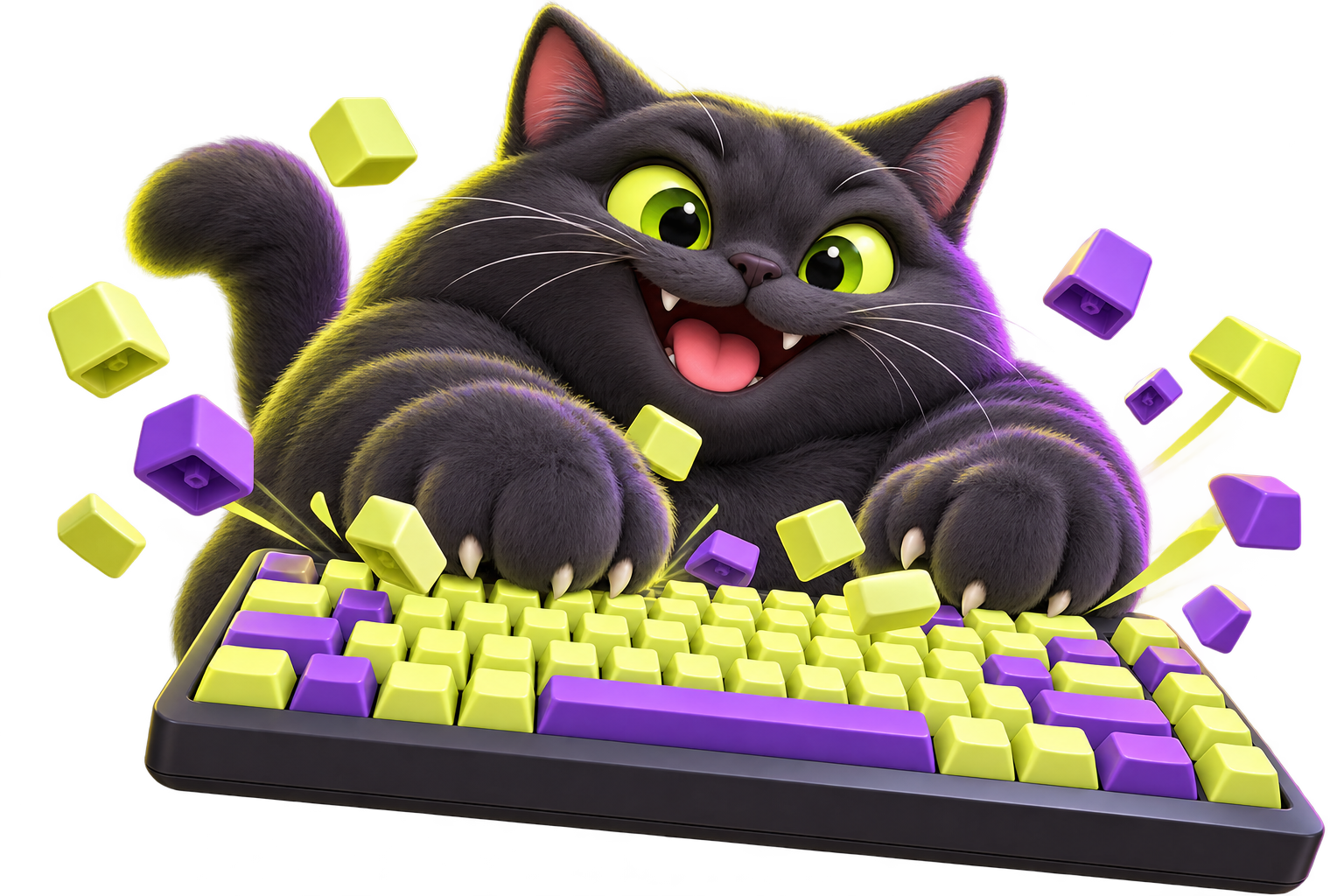 10CAT typing rapidly on a glowing keyboard